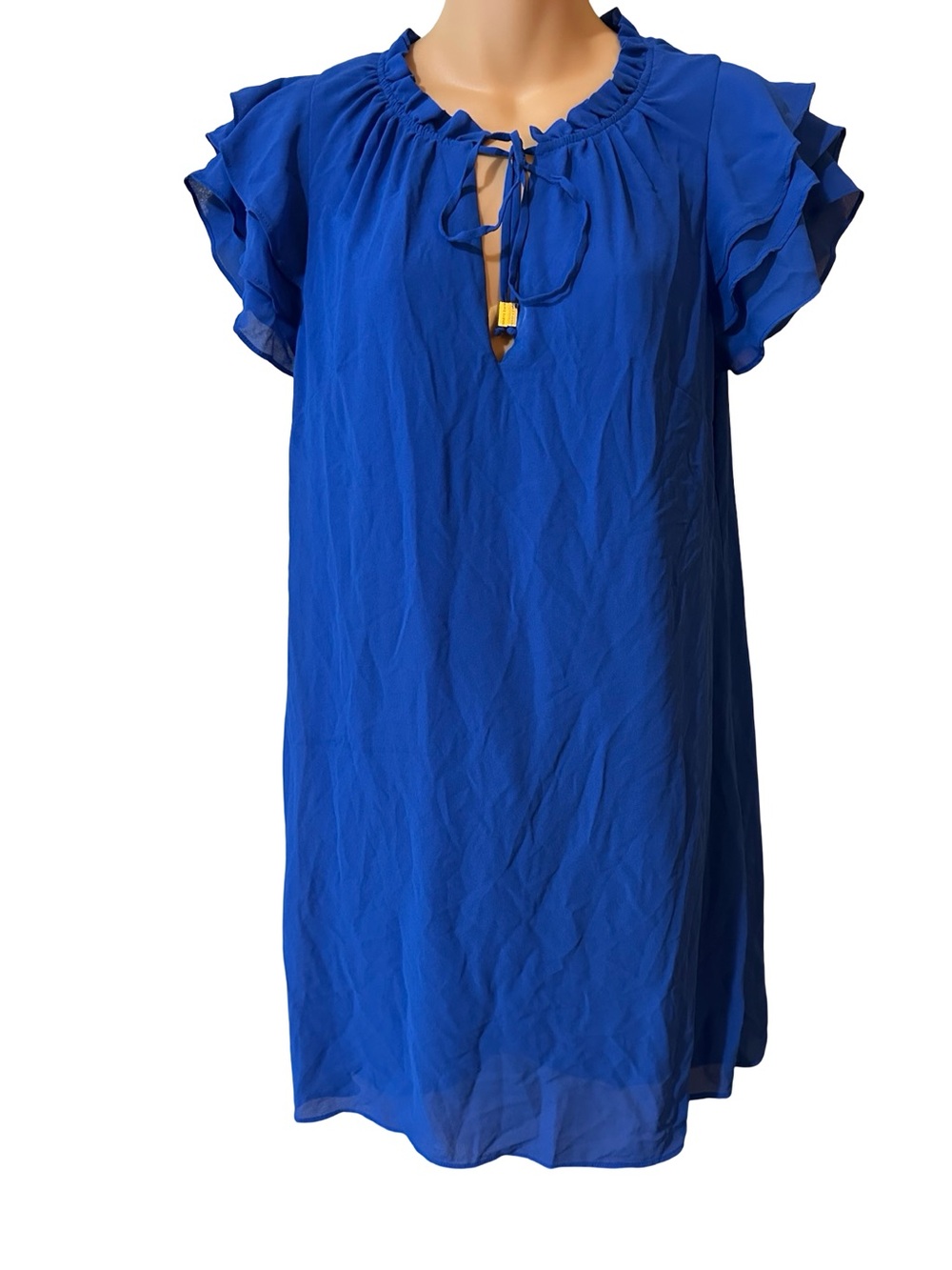 Vince Camuto Royal Blue Ruffle Tie Neck Shift Mini Dress Business Casual